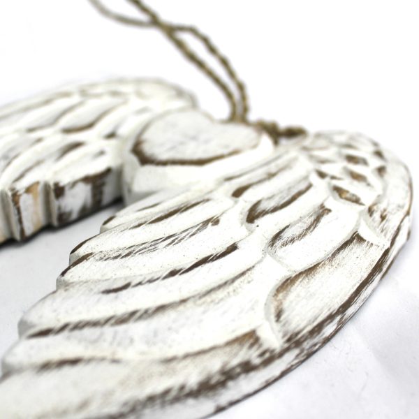 hand carved from sustainable albesia wood and finished in white washed process. Each decoration is distressed by hand giving each piece it's own uniqueness.These pretty angel wings make a lovely gift or home decoration