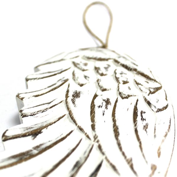 hand carved from sustainable albesia wood and finished in white washed process. Each decoration is distressed by hand giving each piece it's own uniqueness.These pretty angel wings make a lovely gift or home decoration