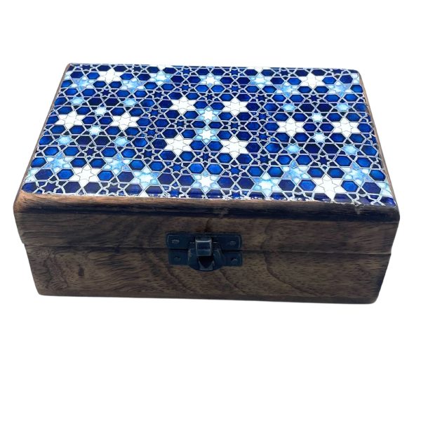 Wholesale Medium Ceramic Glazed Wood Box - Blue Stars is a charming and functional piece that seamlessly blends artistry with practicality. This beautiful box