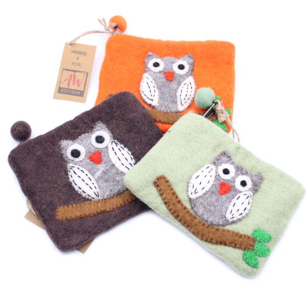 Natural Felt Zipper Pouch (asst) - Owl on Branch - Image 3