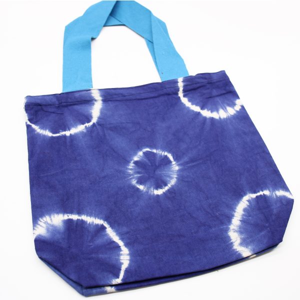 Natural Tie-Dye Cotton Bag (8oz) - Blue Rings - Blue Handle - Image 4