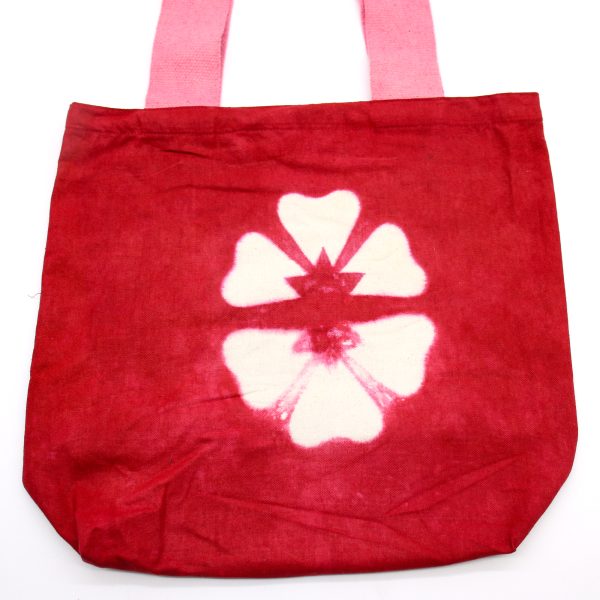 Natural Tie-Dye Cotton Bag (8oz) - Maroon Flower - Pink Handle - Image 3
