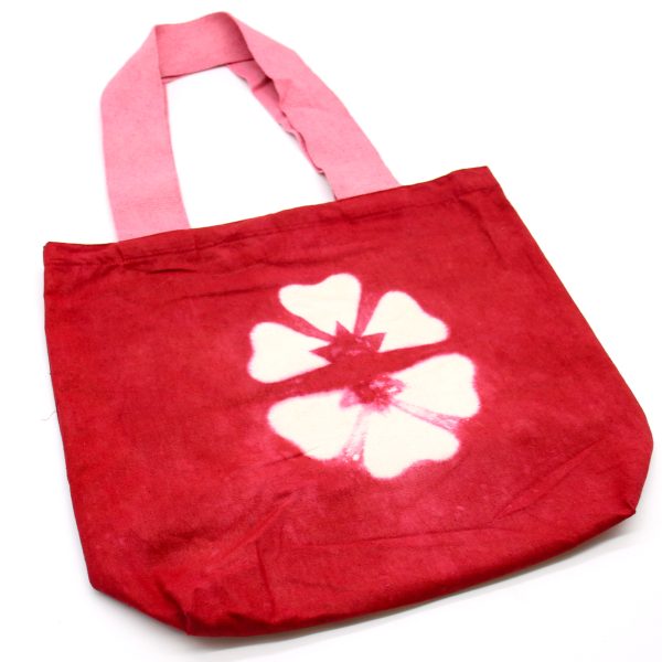 Natural Tie-Dye Cotton Bag (8oz) - Maroon Flower - Pink Handle - Image 4