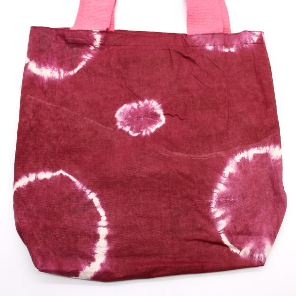 Natural Tie-Dye Cotton Bag (8oz) - Maroon Rings - Pink Handle - Image 3