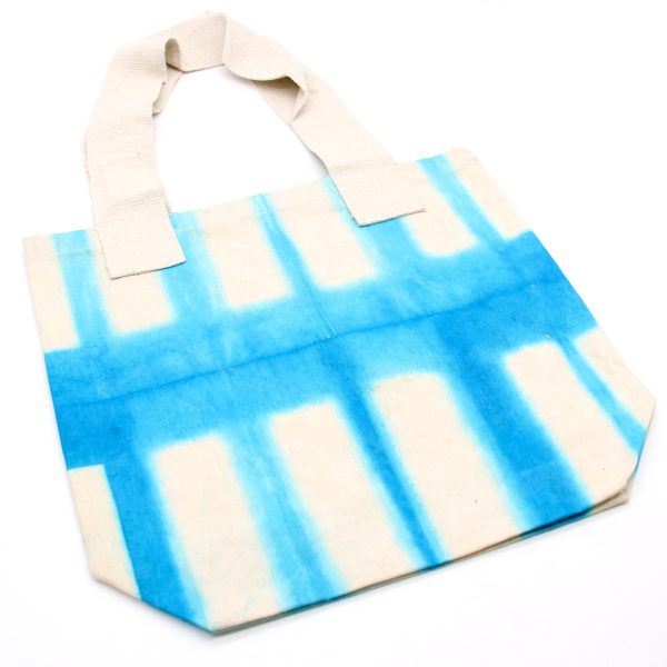 Natural Tie-Dye Cotton Bag (8oz) - Sky Blue Blocks - Natural Handle - Image 4
