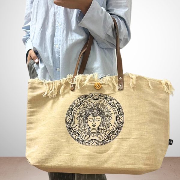 Natural Tote Bag Leather Handle - Buddha - Image 5