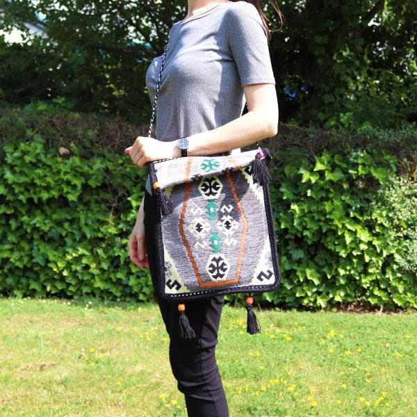 Pale Grey Kilim Messenger Festival Bag - Image 5