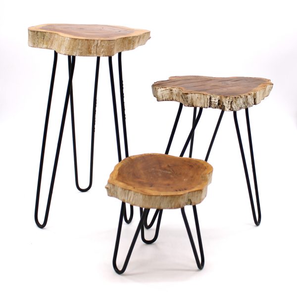 they stand on hairpin legs with a solid wood top. These stands look great on their own or tiered into groups and are also very useful as side or occasional tables. The hairpin legs are polished with black Iron paste to give that smooth finish
