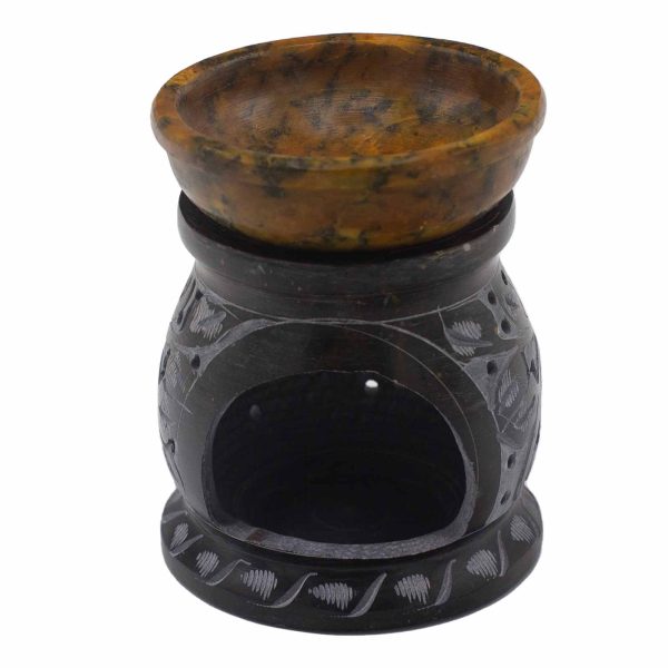 Soapstone Oil Burner 10cm - Mandala Flower - Black & Yellow - Image 2