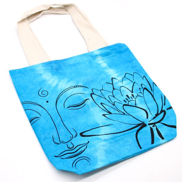 Tie-Dye Cotton Bag (6oz) - Lotus Buddha - Blue - Natural Handle - Image 3