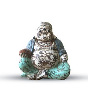 Bring a touch of lighthearted joy and fortune to your customers with this captivating Wholesale Vintage Blue Mint Happy Buddha Statue. Hand-carved from Suar wood by skilled Indonesian artisans