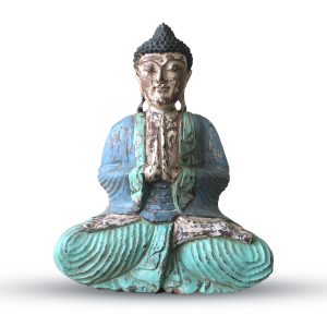 Welcome customers into a haven of peace and tranquillity with this captivating Wholesale Vintage Mint Welcoming Buddha Statue. Hand-crafted from Suar wood by skilled artisans in Indonesia