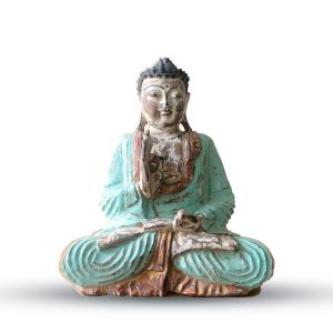 Unleash tranquillity in your store with this captivating wholesale vintage mint Buddha statue. Hand-carved from Suar wood by skilled Indonesian artisans