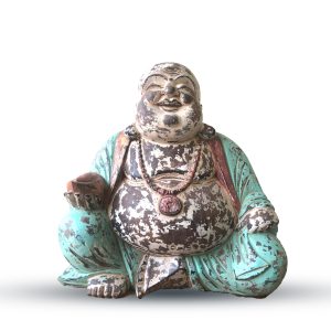 Bring a touch of light-hearted joy and prosperity to your customers in a grand way with this captivating Wholesale Vintage Mint Happy Buddha Statue.  Hand-carved from Suar wood by skilled Indonesian artisans