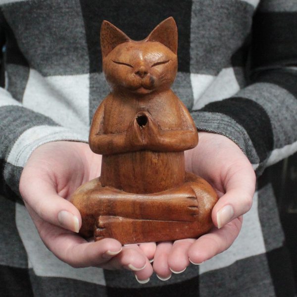 Wooden Carved Incense Burners - Med Yoga Cat - Image 5